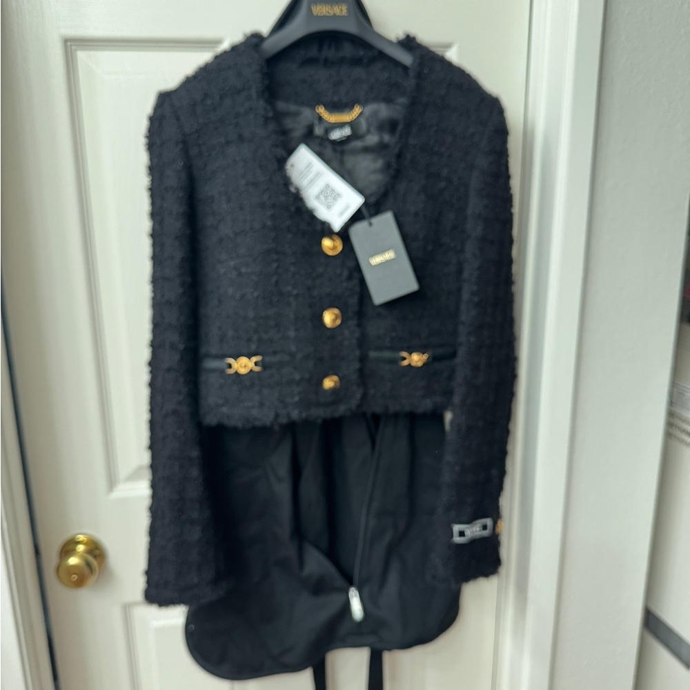 Versace Black Tweed Jacket with Gold Buttons - Never Worn, with tags, and bag